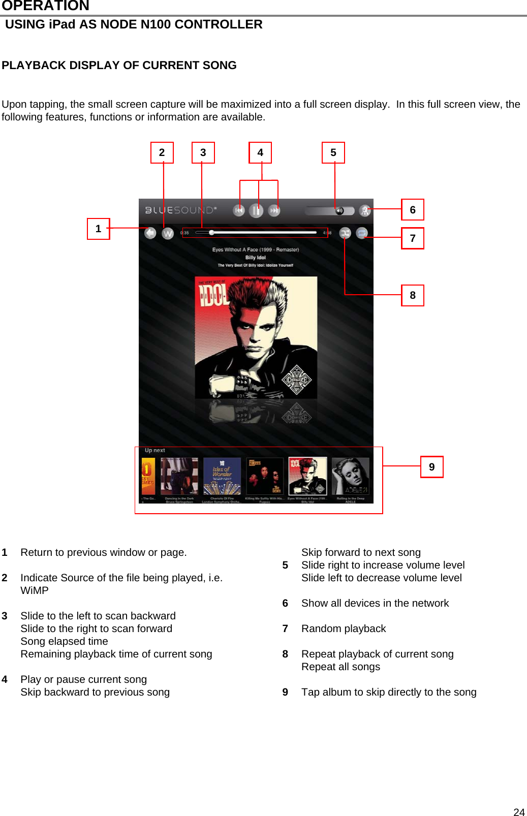  24 OPERATION  USING iPad AS NODE N100 CONTROLLER   PLAYBACK DISPLAY OF CURRENT SONG   Upon tapping, the small screen capture will be maximized into a full screen display.  In this full screen view, the following features, functions or information are available.                                  1  Return to previous window or page.  2  Indicate Source of the file being played, i.e. WiMP  3  Slide to the left to scan backward Slide to the right to scan forward Song elapsed time Remaining playback time of current song  4  Play or pause current song Skip backward to previous song Skip forward to next song 5  Slide right to increase volume level Slide left to decrease volume level  6  Show all devices in the network  7  Random playback  8  Repeat playback of current song Repeat all songs  9  Tap album to skip directly to the song       1 2  4 3  5 6 7 8 9 