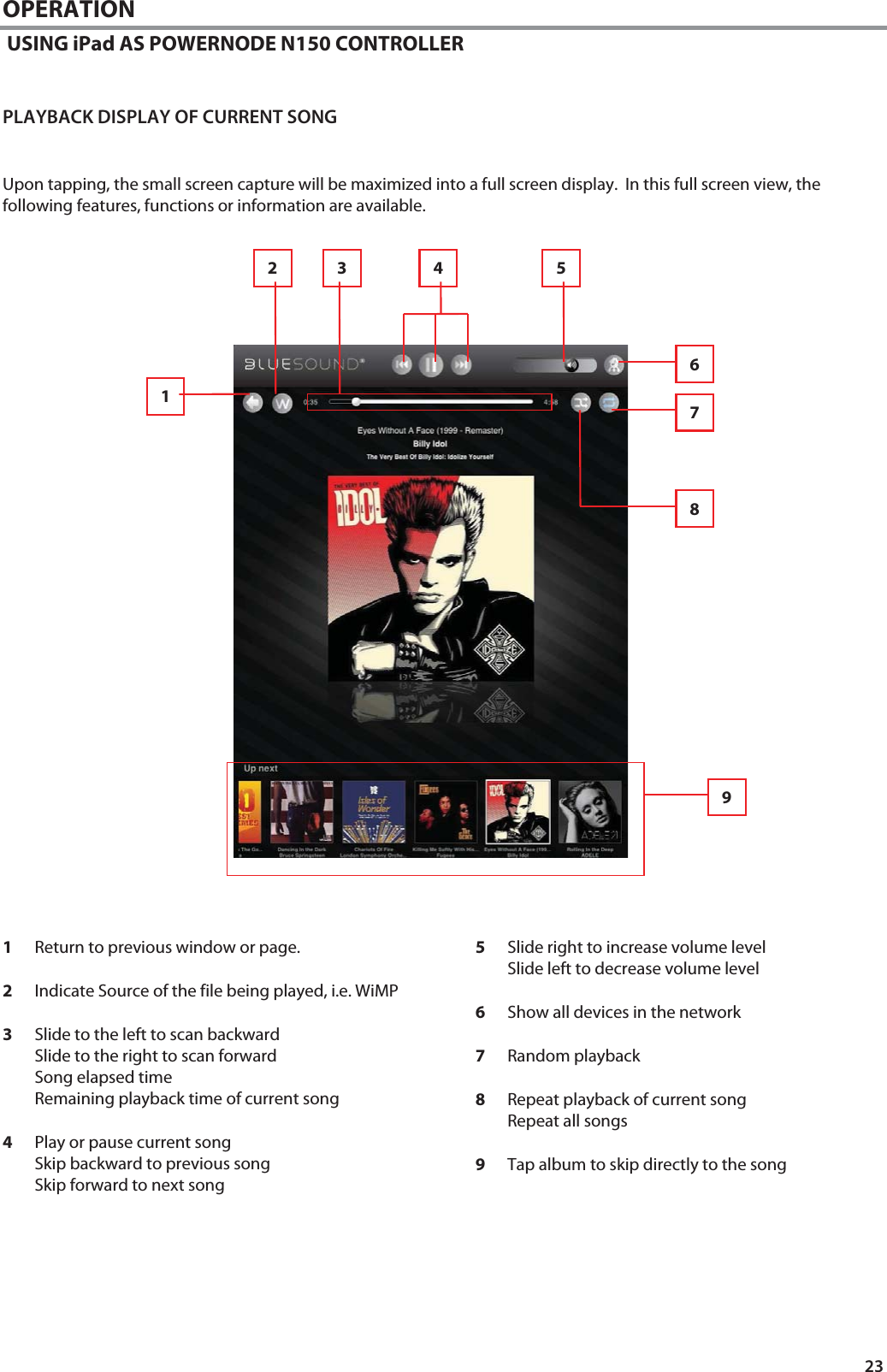 23 OPERATION  USING iPad AS POWERNODE N150 CONTROLLER   PLAYBACK DISPLAY OF CURRENT SONG   Upon tapping, the small screen capture will be maximized into a full screen display.  In this full screen view, the following features, functions or information are available.                                  1Return to previous window or page.  2Indicate Source of the file being played, i.e. WiMP  3Slide to the left to scan backward Slide to the right to scan forward Song elapsed time Remaining playback time of current song  4Play or pause current song Skip backward to previous song Skip forward to next song 5Slide right to increase volume level Slide left to decrease volume level  6Show all devices in the network  7Random playback  8Repeat playback of current song Repeat all songs  9Tap album to skip directly to the song      1 2  4 3  5 6 7 8 9 