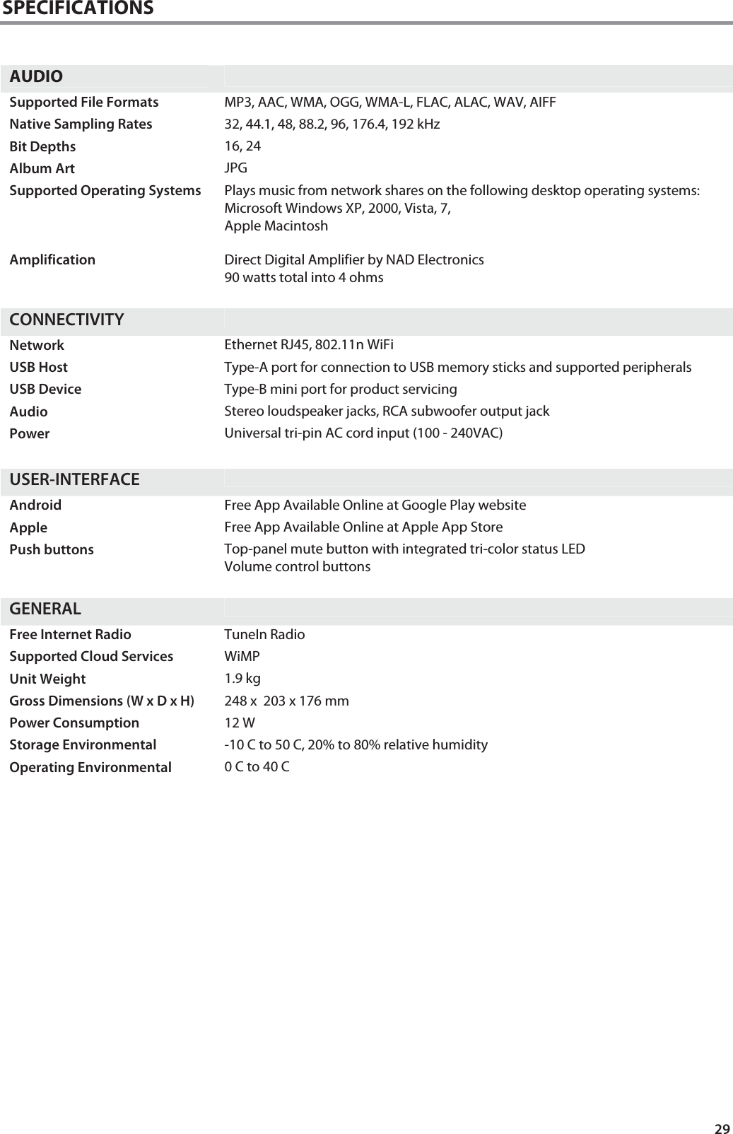 29 SPECIFICATIONS AUDIO   Supported File Formats  MP3, AAC, WMA, OGG, WMA-L, FLAC, ALAC, WAV, AIFF Native Sampling Rates  32, 44.1, 48, 88.2, 96, 176.4, 192 kHz Bit Depths  16, 24 Album Art  JPG Supported Operating Systems  Plays music from network shares on the following desktop operating systems: Microsoft Windows XP, 2000, Vista, 7, Apple Macintosh Amplification  Direct Digital Amplifier by NAD Electronics 90 watts total into 4 ohms   CONNECTIVITY  Network  Ethernet RJ45, 802.11n WiFi USB Host  Type-A port for connection to USB memory sticks and supported peripherals USB Device  Type-B mini port for product servicing Audio  Stereo loudspeaker jacks, RCA subwoofer output jack Power  Universal tri-pin AC cord input (100 - 240VAC)   USER-INTERFACE  Android  Free App Available Online at Google Play website Apple  Free App Available Online at Apple App Store Push buttons  Top-panel mute button with integrated tri-color status LED Volume control buttons   GENERAL  Free Internet Radio  TuneIn Radio Supported Cloud Services  WiMP Unit Weight  1.9 kg Gross Dimensions (W x D x H)   248 x  203 x 176 mm Power Consumption  12 W Storage Environmental  -10 C to 50 C, 20% to 80% relative humidity Operating Environmental  0 C to 40 C 