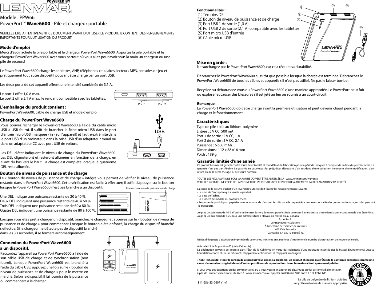 Page 2 of 3 - Lenmar-Enterprises Lenmar-Enterprises-Lenmar-Powerport-Wave-6600-Battery-And-Charger-Ppw66-Users-Manual- 1  Lenmar-enterprises-lenmar-powerport-wave-6600-battery-and-charger-ppw66-users-manual