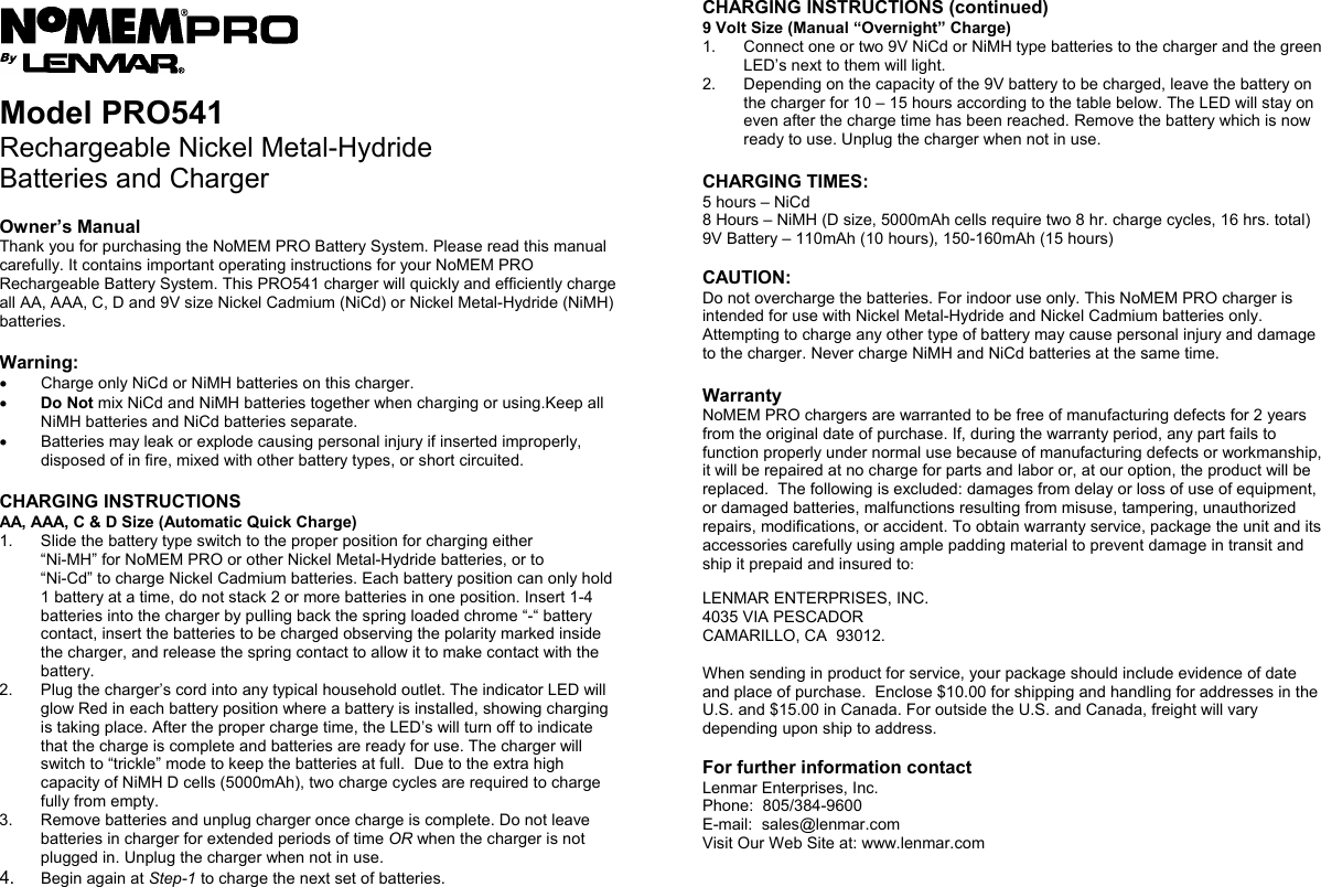 Page 1 of 1 - Lenmar-Enterprises Lenmar-Enterprises-Pro541-Users-Manual PRO541