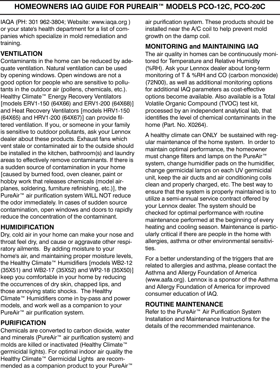Page 2 of 4 - Lennox-International-Inc Lennox-International-Inc-Lennox-International-Inc-Air-Cleaner-Pco-12C-Users-Manual- PureAir Air Purification System Homeowners Manual  Lennox-international-inc-lennox-international-inc-air-cleaner-pco-12c-users-manual