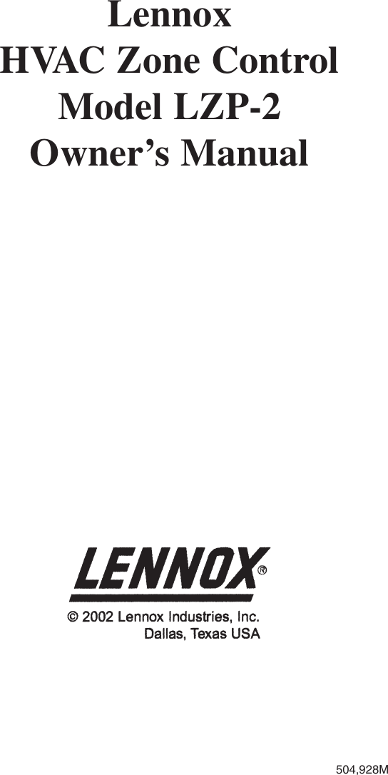 Page 1 of 8 - Lennox-International-Inc Lennox-International-Inc-Lennox-International-Inc-Air-Conditioner-Hvac-Zone-Control-Users-Manual- LZP-2 Manual  Lennox-international-inc-lennox-international-inc-air-conditioner-hvac-zone-control-users-manual