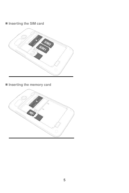  5  Inserting the SIM card   Inserting the memory card   