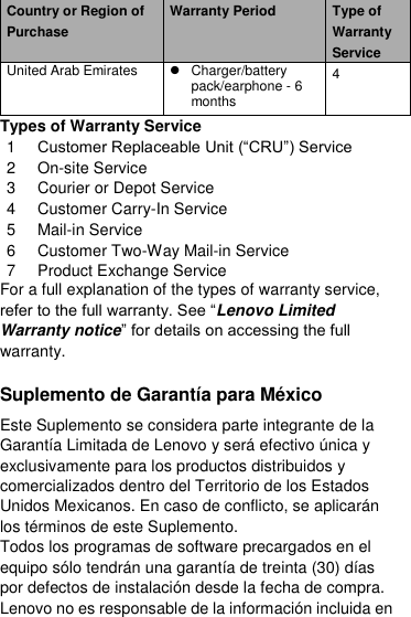  Country or Region of Purchase Warranty Period Type of Warranty Service United Arab Emirates   Charger/battery pack/earphone - 6 months 4 Types of Warranty Service 1 Customer Replaceable Unit (“CRU”) Service 2 On-site Service 3 Courier or Depot Service 4 Customer Carry-In Service 5 Mail-in Service 6 Customer Two-Way Mail-in Service 7 Product Exchange Service For a full explanation of the types of warranty service, refer to the full warranty. See “Lenovo Limited Warranty notice” for details on accessing the full warranty. Suplemento de Garantía para México Este Suplemento se considera parte integrante de la Garantía Limitada de Lenovo y será efectivo única y exclusivamente para los productos distribuidos y comercializados dentro del Territorio de los Estados Unidos Mexicanos. En caso de conflicto, se aplicarán los términos de este Suplemento. Todos los programas de software precargados en el equipo sólo tendrán una garantía de treinta (30) días por defectos de instalación desde la fecha de compra. Lenovo no es responsable de la información incluida en 