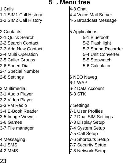  23  5  . Menu tree 1 Calls 1-1 SIM1 Call History 1-2 SIM2 Call History  2 Contacts 2-1 Quick Search 2-2 Search Contact 2-3 Add New Contact 2-4 Multi Operation 2-5 Caller Groups 2-6 Speed Dial 2-7 Special Number 2-8 Settings  3 Multimedia 3-1 Audio Player 3-2 Video Player 3-3 FM Radio 3-4 E-Book Reader 3-5 Image Viewer 3-6 Games 3-7 File manager  4 Messaging 4-1 SMS 4-2 MMS 4-3 Chat 4-4 Voice Mail Server 4-5 Broadcast Message  5 Applications  5-1 Bluetooth   5-2 Flash light   5-3 Sound Recorder   5-4 Unit Converter  5-5 Stopwatch  5-6 Calculator  6 NEO Naveg 6-1 WAP 6-2 Data Account 6-3 STK  7 Settings 7-1 User Profiles 7-2 Dual SIM Settings 7-3 Display Setup 7-4 System Setup 7-5 Call Setup 7-6 Shortcuts Setup 7-7 Security Setup 7-8 Network Setup 