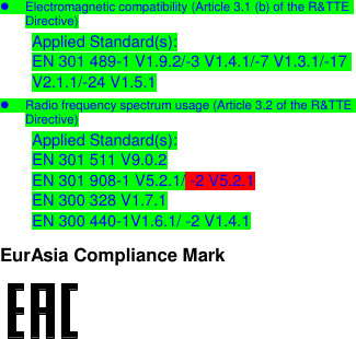    Electromagnetic compatibility (Article 3.1 (b) of the R&amp;TTE Directive) Applied Standard(s): EN 301 489-1 V1.9.2/-3 V1.4.1/-7 V1.3.1/-17 V2.1.1/-24 V1.5.1   Radio frequency spectrum usage (Article 3.2 of the R&amp;TTE Directive) Applied Standard(s): EN 301 511 V9.0.2 EN 301 908-1 V5.2.1/ -2 V5.2.1 EN 300 328 V1.7.1 EN 300 440-1V1.6.1/ -2 V1.4.1 EurAsia Compliance Mark  