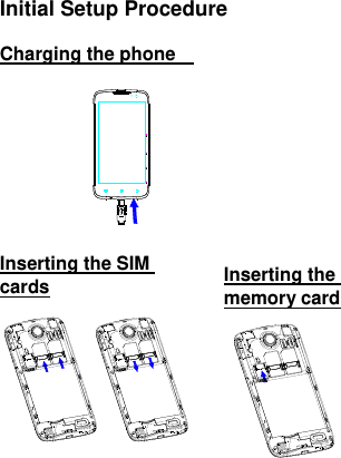  Initial Setup Procedure Charging the phone   Inserting the SIM cards    Inserting the memory card    