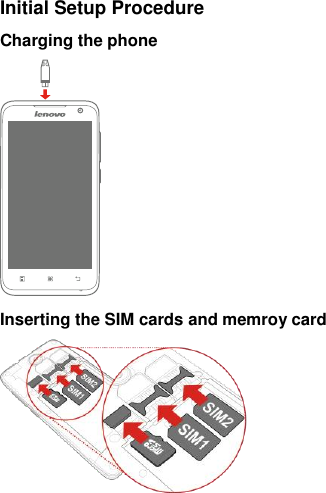  Initial Setup Procedure Charging the phone    Inserting the SIM cards and memroy card  