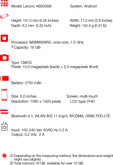 Model: Lenovo A6020l36                  System: AndroidModel and systemDisplayBatteryProcessor ①Dimensions and weightCameraWireless CommunicationHeight: 141.0 mm (5.55 inches)            Width: 71.0 mm (2.8 inches)      Depth: 8.2 mm  (0.32 inch)                   Weight: 142.4 g (0.31 lb)Processor: MSM8939R3, octa-core, 1.5 GHzType: CMOSPixels: 13.0 megapixels (back) + 5.0 megapixels (front)Battery: 2750 mAh Size: 5.0 inches                             Screen: multi-touch Resolution: 1080 × 1920 pixels         LCD type: FHDBluetooth 4.1; WLAN 802.11 b/g/n; WCDMA, GSM; FDD-LTE① Depending on the measuring method, the dimensions and weight      might vary slightly.② Total memory 16 GB, available for user 10 GB.Technical speciﬁcationsAC/DC adapter② Capacity: 16 GBInput: 100-240 Vac 50/60 Hz 0.3 A    Output: 5.2 Vdc  2 A 