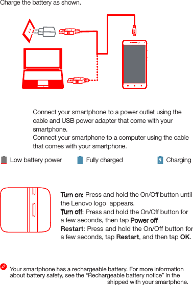 Turning on or turning off your smartphoneTurn on: Press and hold the On/Off button until the Lenovo logo  appears.Tur n of f: Press and hold the On/Off button for a few seconds, then tap Power off.Restart: Press and hold the On/Off button for a few seconds, tap Restart, and then tap OK.Your smartphone has a rechargeable battery. For more information about battery safety, see the “Rechargeable battery notice” in the Important Product Information Guide shipped with your smartphone.Low battery power Fully charged ChargingCharge the battery as shown.Method 1.Method 2.Connect your smartphone to a power outlet using the  cable and USB power adapter that come with your smartphone.Connect your smartphone to a computer using the cable  that comes with your smartphone.Charging the battery21