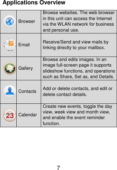  7  Applications Overview  Browser Browse websites. The web browser in this unit can access the Internet via the WLAN network for business and personal use.  Email Receive/Send and view mails by linking directly to your mailbox.  Gallery Browse and edits images. In an image full-screen page it supports slideshow functions, and operations such as Share, Set as, and Details.  Contacts Add or delete contacts, and edit or delete contact details.  Calendar Create new events, toggle the day view, week view and month view, and enable the event reminder function. 
