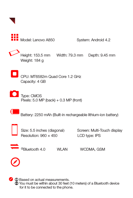 Type: CMOSPixels: 5.0 MP (back) + 0.3 MP (front)GPSHeight: 153.5 mm      Width: 79.3 mm     Depth: 9.45 mm                             Weight: 184 gCPU: MT6582m Quad Core 1.2 GHzCapacity: 4 GBSize: 5.5 inches (diagonal)            Screen: Multi-Touch displayResolution: 960 × 450                   LCD type: IPSModel: Lenovo A850                     System: Android 4.2②Bluetooth 4.0           WLAN            WCDMA, GSM① Based on actual measurements.② You must be within about 30 feet (10 meters) of a Bluetooth device       for it to be connected to the phone.Battery: 2250 mAh (Built-in rechargeable lithium-ion battery)Wireless communicationDisplayModel and systemPower and batteryCPU and capacity① Size and weightCameraTechnical speciﬁcations