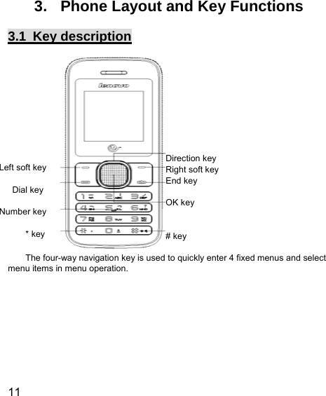  11  3.  Phone Layout and Key Functions 3.1 Key description  The four-way navigation key is used to quickly enter 4 fixed menus and select menu items in menu operation.  Left soft key          Dial key  Number key  * key      Direction key Right soft key End key  OK key   # key 