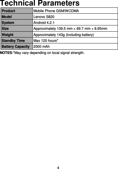  4 Technical Parameters Product Mobile Phone GSM/WCDMA Model Lenovo S820 System Android 4.2.1 Size Approximately 139.5 mm × 69.7 mm × 8.95mm Weight Approximately 143g (including battery) Standby Time Max 120 hours* Battery Capacity 2000 mAh NOTES:*May vary depending on local signal strength. 