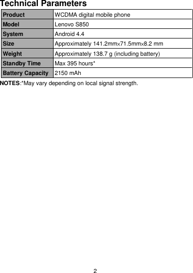  2 Technical Parameters Product WCDMA digital mobile phone Model Lenovo S850 System Android 4.4 Size Approximately 141.2mm×71.5mm×8.2 mm Weight Approximately 138.7 g (including battery) Standby Time Max 395 hours* Battery Capacity 2150 mAh NOTES:*May vary depending on local signal strength. 