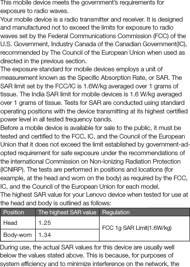 Specic Absorption Rate informationThis mobile device meets the government’s requirements for exposure to radio waves.Your mobile device is a radio transmitter and receiver. It is designed and manufactured not to exceed the limits for exposure to radio waves set by the Federal Communications Commission (FCC) of the U.S. Government, Industry Canada of the Canadian Government(IC), recommended by The Council of the European Union when used as directed in the previous section.The exposure standard for mobile devices employs a unit of measurement known as the Speciﬁc Absorption Rate, or SAR. The SAR limit set by the FCC/IC is 1.6W/kg averaged over 1 grams of tissue. The India SAR limit for mobile devices is 1.6 W/kg averaged over 1 grams of tissue. Tests for SAR are conducted using standard operating positions with the device transmitting at its highest certiﬁed power level in all tested frequency bands.Before a mobile device is available for sale to the public, it must be tested and certiﬁed to the FCC, IC, and the Council of the European Union that it does not exceed the limit established by government-ad-opted requirement for safe exposure under the recommendations of the international Commission on Non-lonizing Radiation Protection (ICNIRP). The tests are performed in positions and locations (for example, at the head and worn on the body) as required by the FCC, IC, and the Council of the European Union for each model.The highest SAR value for your Lenovo device when tested for use at the head and body is outlined as follows:FCC 1g SAR Limit(1.6W/kg)Position RegulationHeadBody-wornThe highest SAR value1.251.34During use, the actual SAR values for this device are usually well below the values stated above. This is because, for purposes of system efﬁciency and to minimize interference on the network, the 