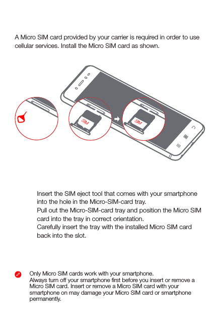 Installing the Micro SIM cardSIMSIM2SIMA Micro SIM card provided by your carrier is required in order to use cellular services. Install the Micro SIM card as shown.Step 1.Step 2. Step 3. Insert the SIM eject tool that comes with your smartphone into the hole in the Micro-SIM-card tray.Pull out the Micro-SIM-card tray and position the Micro SIM card into the tray in correct orientation. Carefully insert the tray with the installed Micro SIM card back into the slot.Only Micro SIM cards work with your smartphone.Always turn off your smartphone ﬁrst before you insert or remove a Micro SIM card. Insert or remove a Micro SIM card with your smartphone on may damage your Micro SIM card or smartphone permanently.