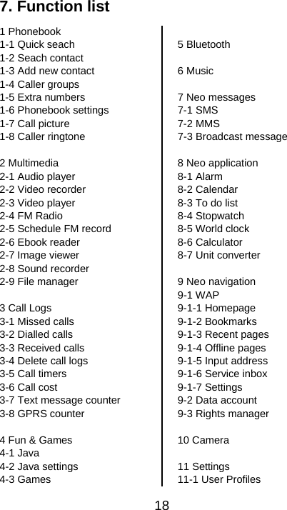  187. Function list 1 Phonebook 1-1 Quick seach 1-2 Seach contact 1-3 Add new contact 1-4 Caller groups 1-5 Extra numbers 1-6 Phonebook settings 1-7 Call picture 1-8 Caller ringtone  2 Multimedia 2-1 Audio player 2-2 Video recorder 2-3 Video player 2-4 FM Radio 2-5 Schedule FM record 2-6 Ebook reader 2-7 Image viewer 2-8 Sound recorder 2-9 File manager  3 Call Logs 3-1 Missed calls 3-2 Dialled calls 3-3 Received calls 3-4 Delete call logs 3-5 Call timers 3-6 Call cost 3-7 Text message counter 3-8 GPRS counter  4 Fun &amp; Games 4-1 Java 4-2 Java settings 4-3 Games  5 Bluetooth  6 Music  7 Neo messages 7-1 SMS 7-2 MMS 7-3 Broadcast message  8 Neo application 8-1 Alarm 8-2 Calendar 8-3 To do list 8-4 Stopwatch 8-5 World clock 8-6 Calculator 8-7 Unit converter  9 Neo navigation 9-1 WAP 9-1-1 Homepage 9-1-2 Bookmarks 9-1-3 Recent pages 9-1-4 Offline pages 9-1-5 Input address 9-1-6 Service inbox 9-1-7 Settings 9-2 Data account 9-3 Rights manager  10 Camera  11 Settings 11-1 User Profiles 