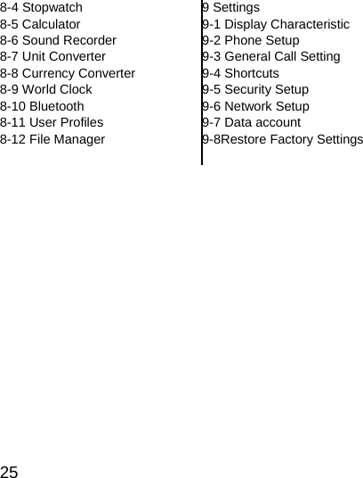  25  8-4 Stopwatch 8-5 Calculator 8-6 Sound Recorder 8-7 Unit Converter 8-8 Currency Converter 8-9 World Clock 8-10 Bluetooth 8-11 User Profiles 8-12 File Manager  9 Settings 9-1 Display Characteristic 9-2 Phone Setup 9-3 General Call Setting 9-4 Shortcuts 9-5 Security Setup 9-6 Network Setup 9-7 Data account 9-8Restore Factory Settings 