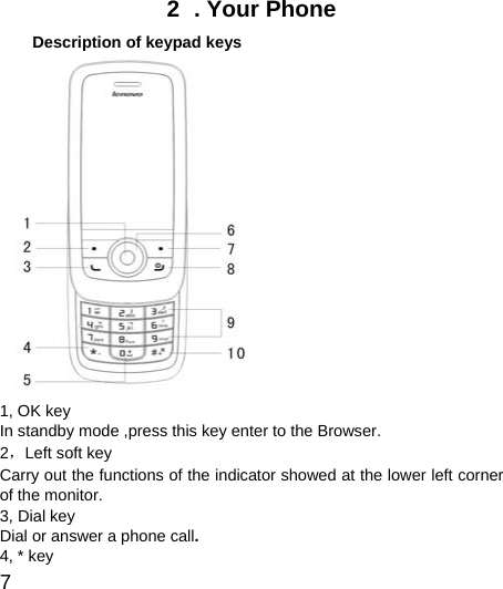  7  2  . Your Phone   Description of keypad keys  1, OK key In standby mode ,press this key enter to the Browser. 2，Left soft key Carry out the functions of the indicator showed at the lower left corner of the monitor.   3, Dial key Dial or answer a phone call. 4, * key 