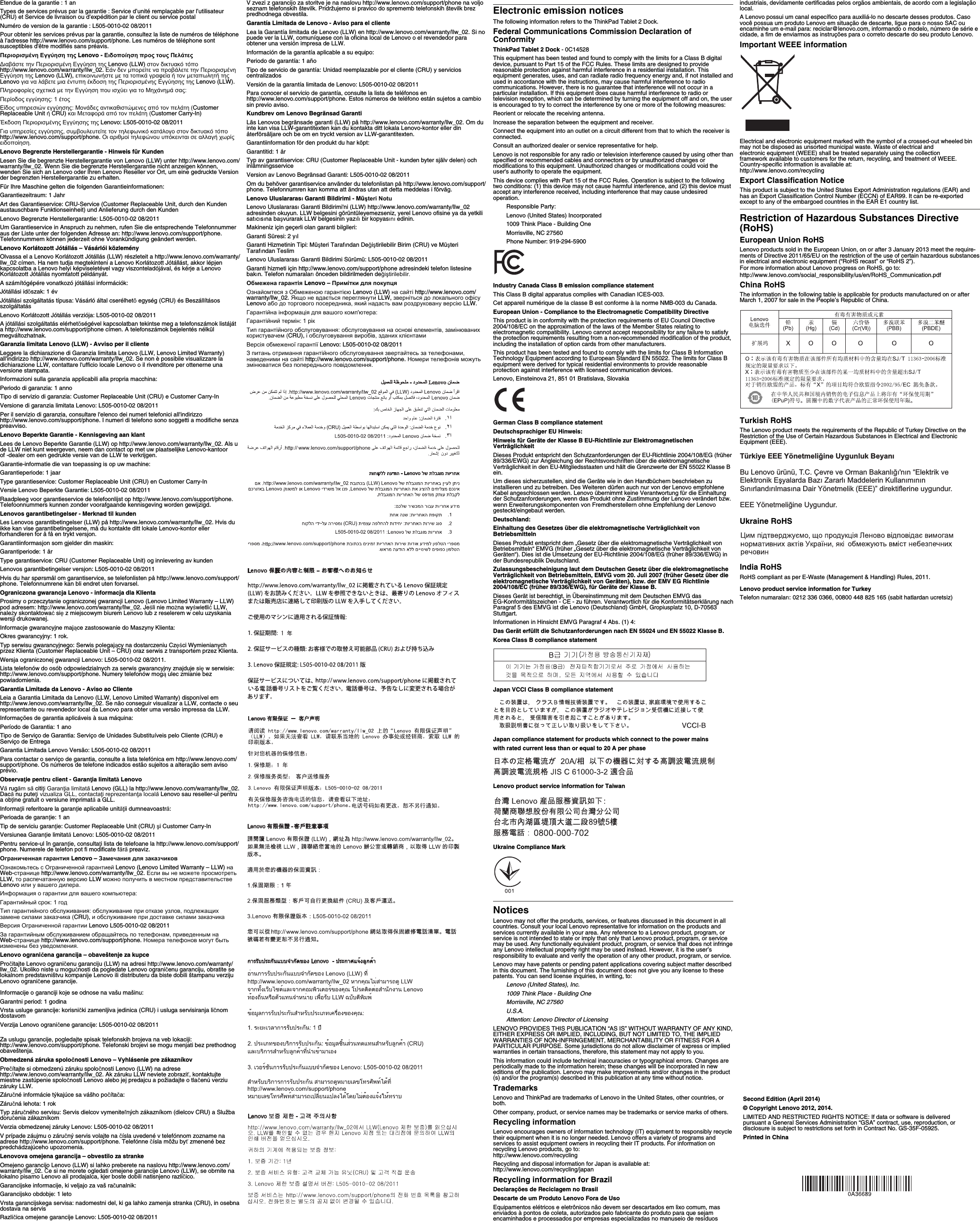 Page 2 of 2 - Lenovo 0B47109 0B58299 0A36689 User Manual X131e Laptop (Think Pad) - Type 3368