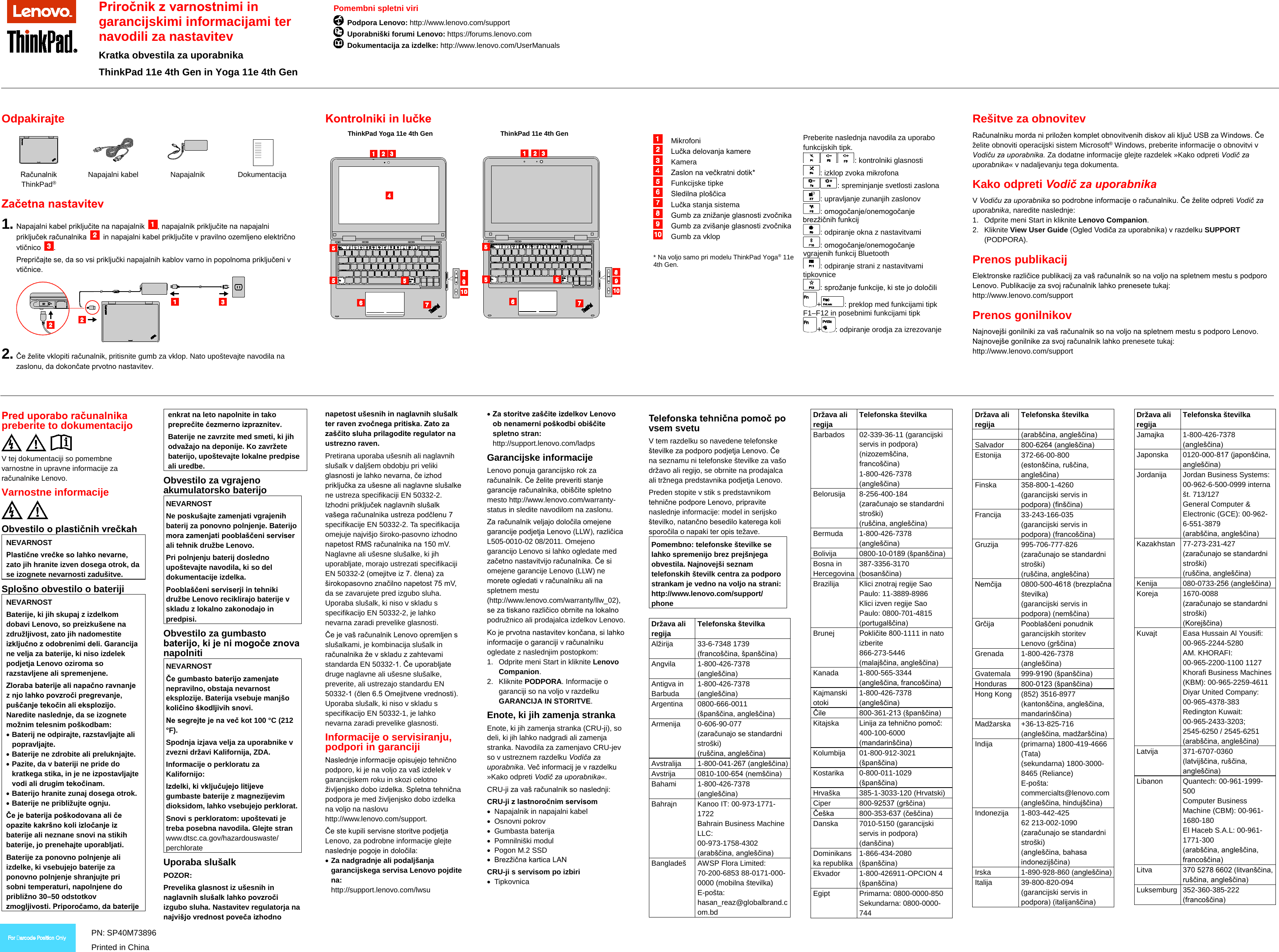 Page 1 of 2 - Lenovo 11E 4Th Gen Yoga Swsg Sl Sp40M73896 User Manual (Slovenian) Safety, Warranty And Setup Guide - Think Pad (Type 20HT 20HV) Laptop (Think Pad) Type 20HV