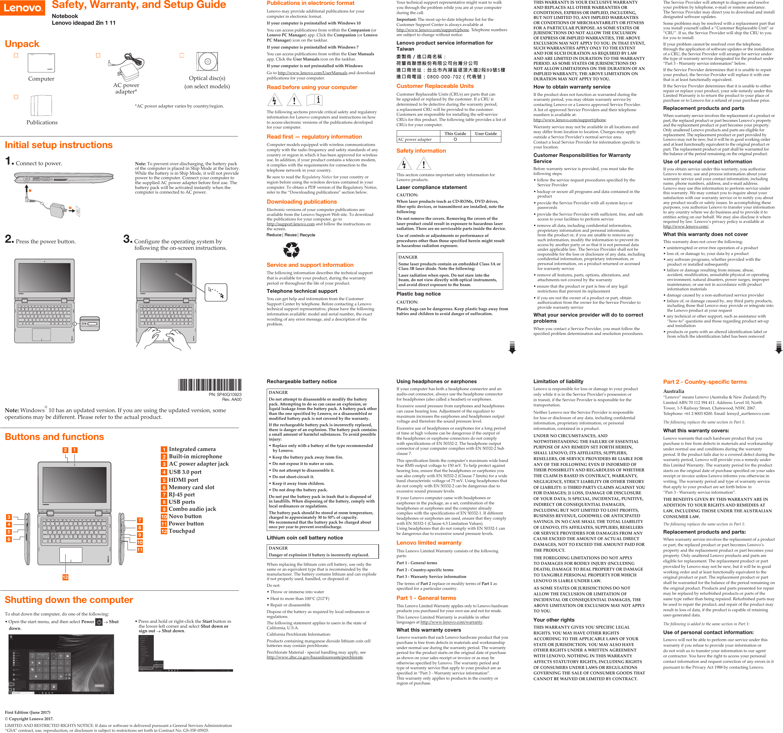 Page 1 of 2 - Lenovo 2In1-11 Swsg En 201709 Ideapad 2in1 11 User Manual (English) Safety, Warranty, And Setup Guide - Laptop (ideapad)