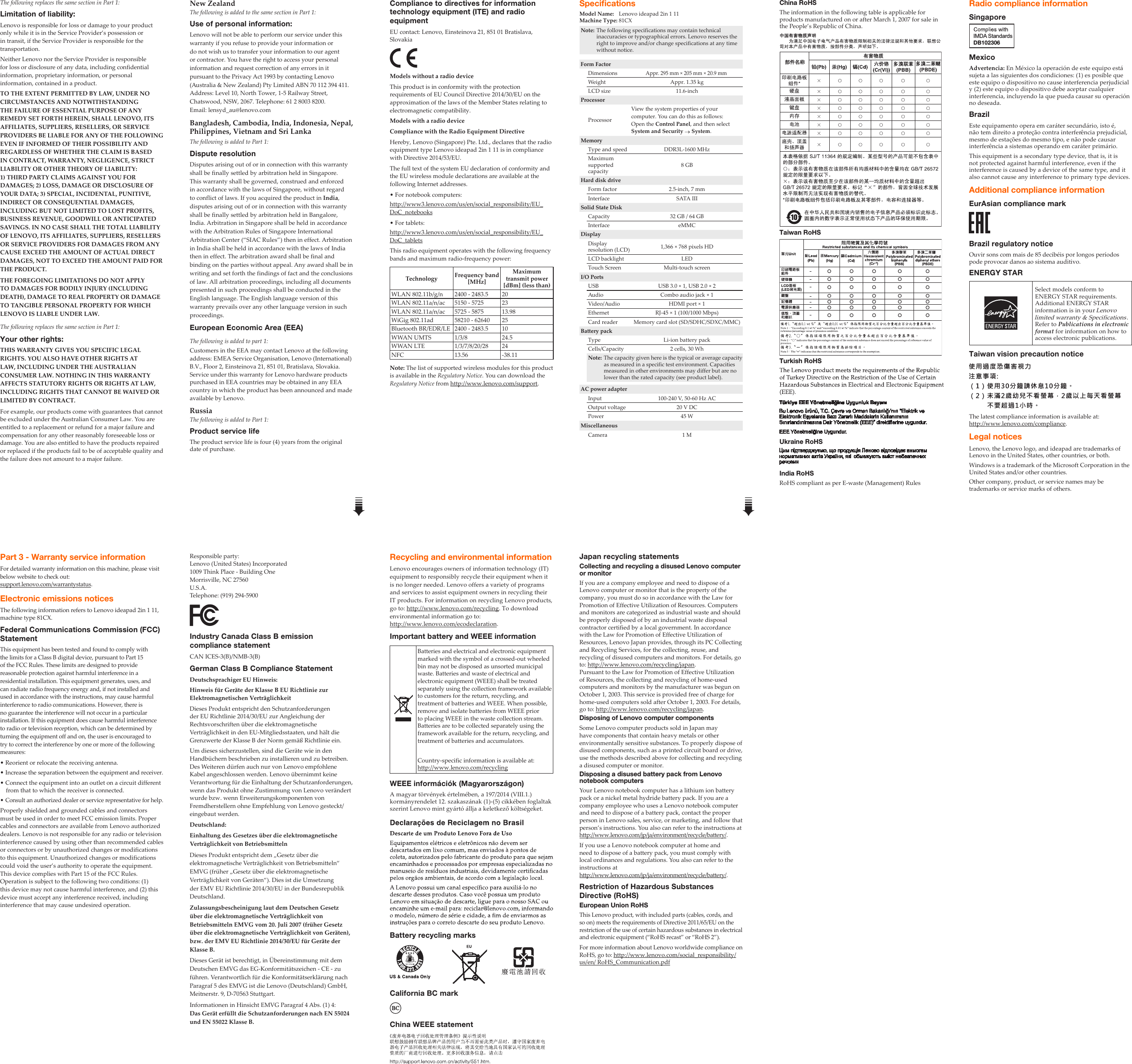 Page 2 of 2 - Lenovo 2In1-11 Swsg En 201709 Ideapad 2in1 11 User Manual (English) Safety, Warranty, And Setup Guide - Laptop (ideapad)