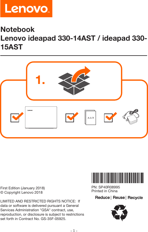 Page 1 of 5 - Lenovo Setup Guide - 330-15AST, 330-14AST 330-15AST Laptop (ideapad) Type 81D6 Sg 201805