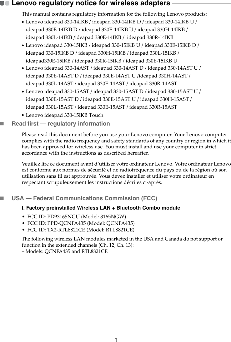 Page 3 of 8 - Lenovo  Regulatory Notice (United States & Canada) - Notebook 330-15IKB (Type 81DE) Laptop (ideapad) Type 81DE 330-14ikb 81da G2 81dc De 330touch-15ikb 81dh 81dj Web Rn Us Ca 201803