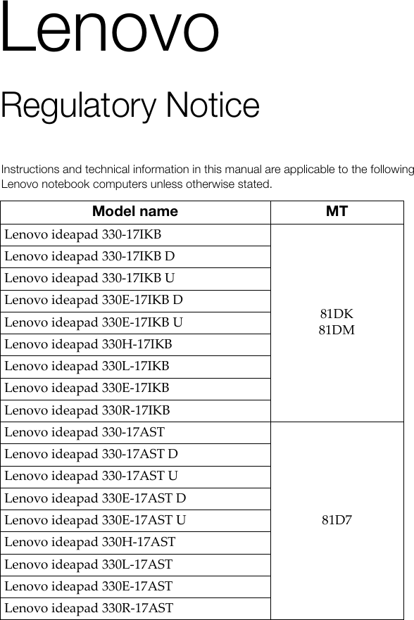 Page 2 of 8 - Lenovo Regulatory Notice (United States & Canada) - 330-17IKB (Type 81DM) Laptop (ideapad) Type 81DM 81dk Web Rn Us Ca 201803