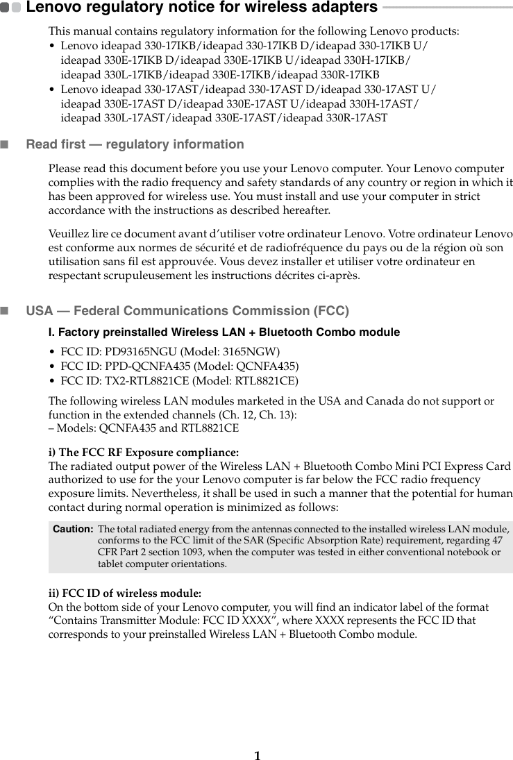Page 3 of 8 - Lenovo Regulatory Notice (United States & Canada) - 330-17IKB (Type 81DM) Laptop (ideapad) Type 81DM 81dk Web Rn Us Ca 201803