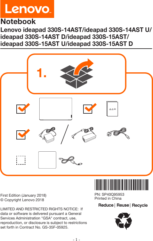 Page 1 of 6 - Lenovo  Setup Guide - 330S-14AST, 330S-15AST 330S-14AST Laptop (ideapad) Sg 201804