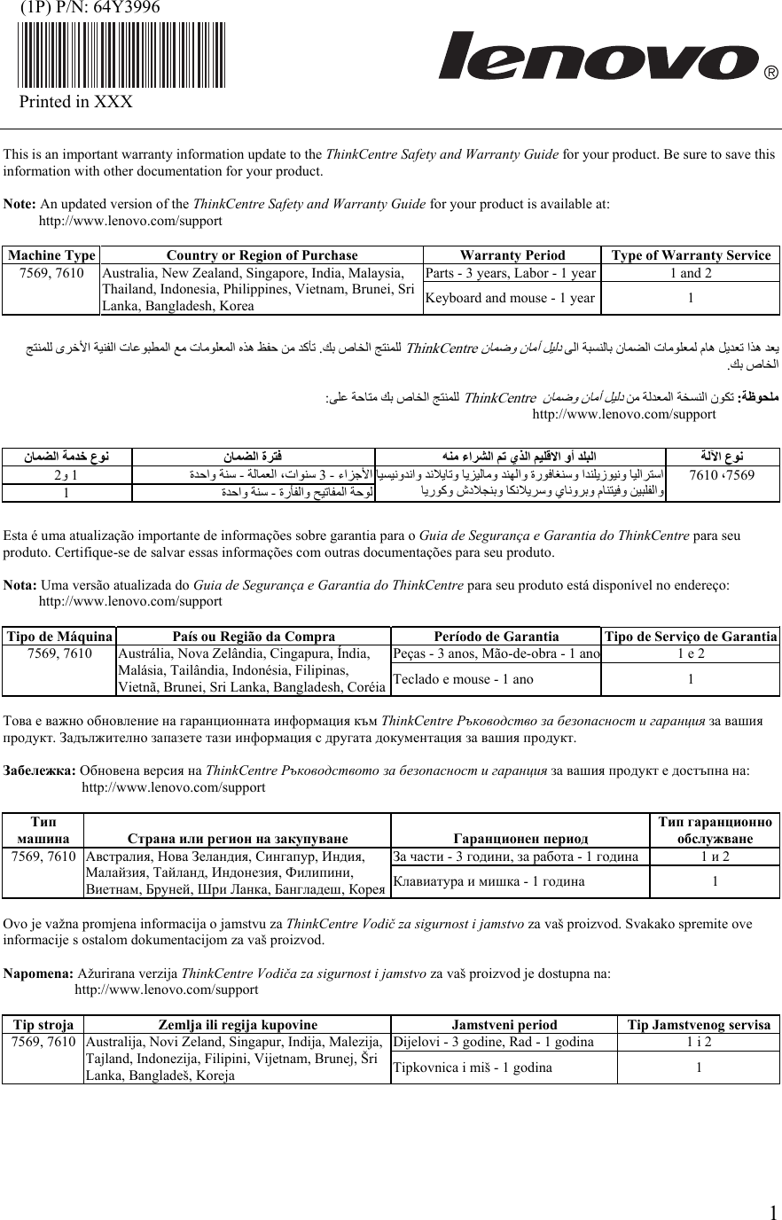 Page 1 of 6 - Lenovo 64Y3996 - User Manual (English-Multilingual) Safety And Warranty Flyer A58 Desktop (Think Centre) Type 7705