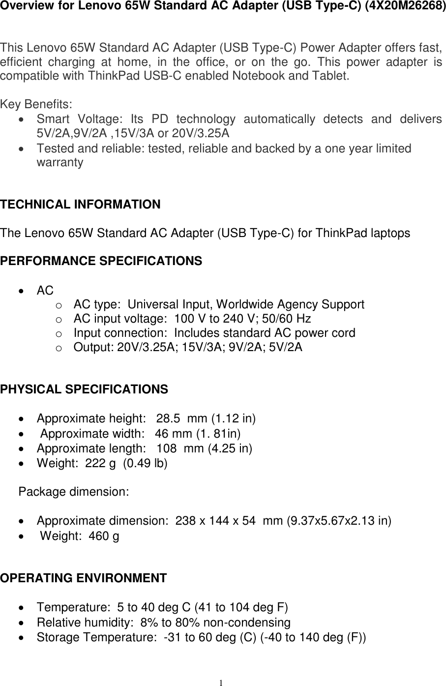 Page 1 of 4 - Lenovo 65W Std Acadapter Usbc 4X20M26268 User Manual X1 Carbon 5th Gen - Kabylake (Type 20HR, 20HQ) Laptop (Think Pad)