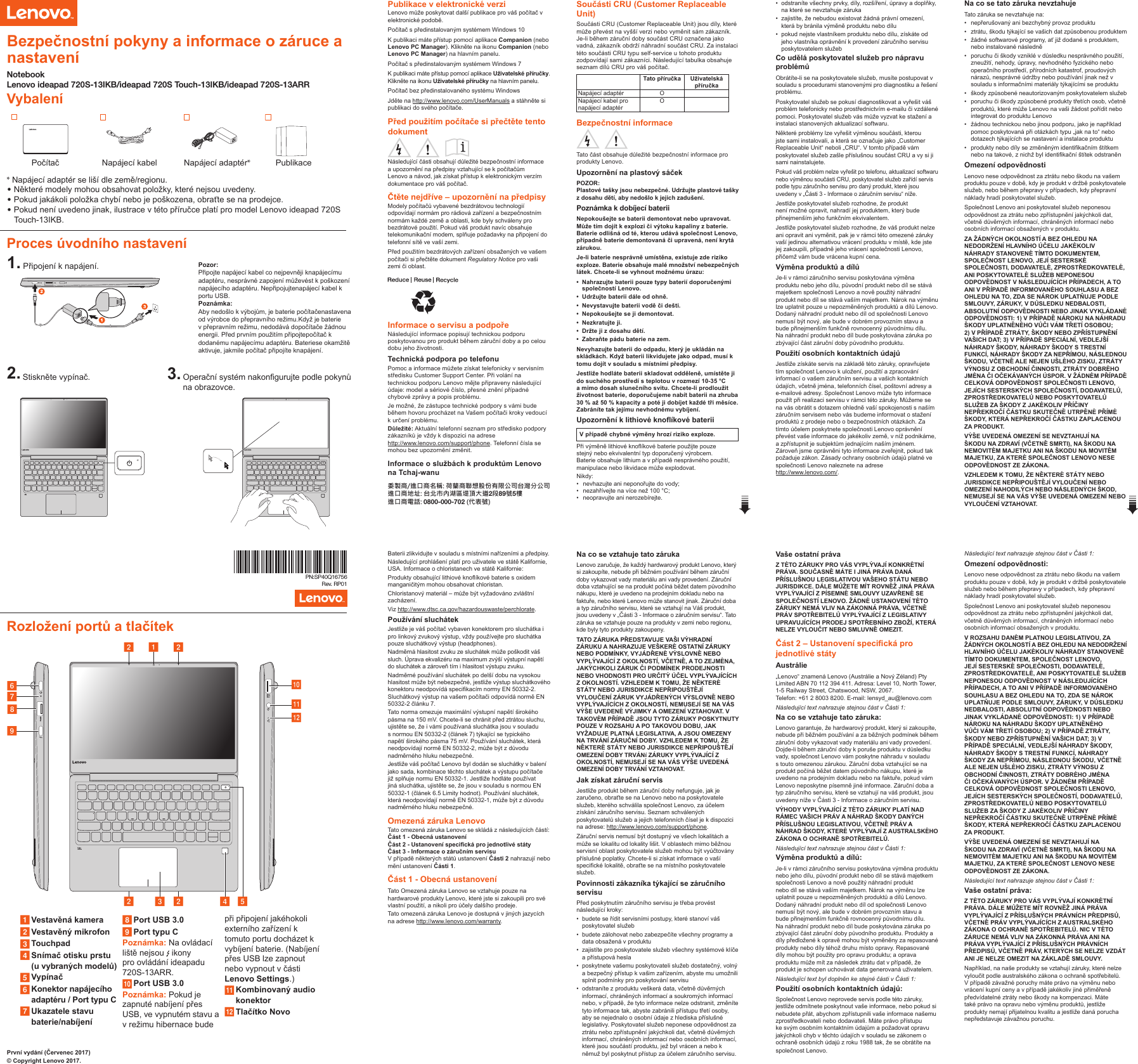 Page 1 of 2 - Lenovo 720S-13Ikb 720Stouch-13Ikb Swsg Cs 201707 User Manual (Czech) Safety, Warranty, And Setup Guide - (Type 81BV) Laptop (ideapad)