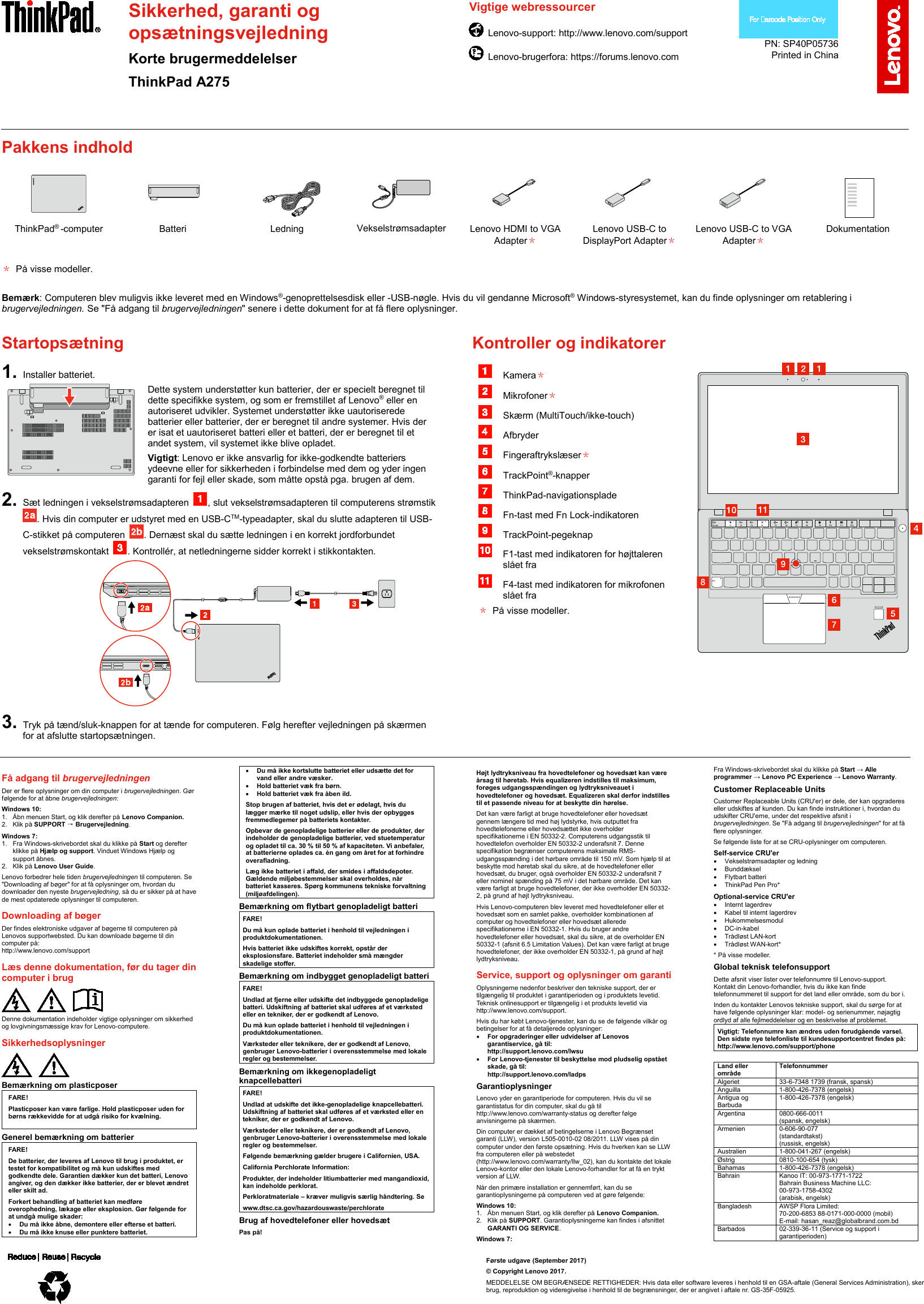 Lenovo A275 Swsg Da User Manual (Danish) Safety, Warranty And Setup ...
