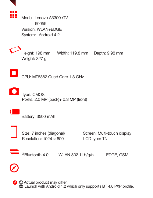 Technical speciﬁcationsType: CMOSPixels: 2.0 MP (back)+ 0.3 MP (front)GPSHeight: 198 mm      Width: 119.8 mm     Depth: 9.98 mm                             Weight: 327 g   CPU: MT8382 Quad Core 1.3 GHz Size: 7 inches (diagonal)                Screen: Multi-touch displayResolution: 1024 × 600                 LCD type: TNModel: Lenovo A3300-GV②Bluetooth 4.0         WLAN 802.11b/g/n           EDGE, GSM① Actual product may differ.②  Launch with Android 4.2 which only supports BT 4.0 PXP proﬁle. Battery: 3500 mAhWireless communicationDisplayModel and systemPower and batteryCPU① Size and weightCameraVersion: WLAN+EDGESystem：Android 4.2                 60059