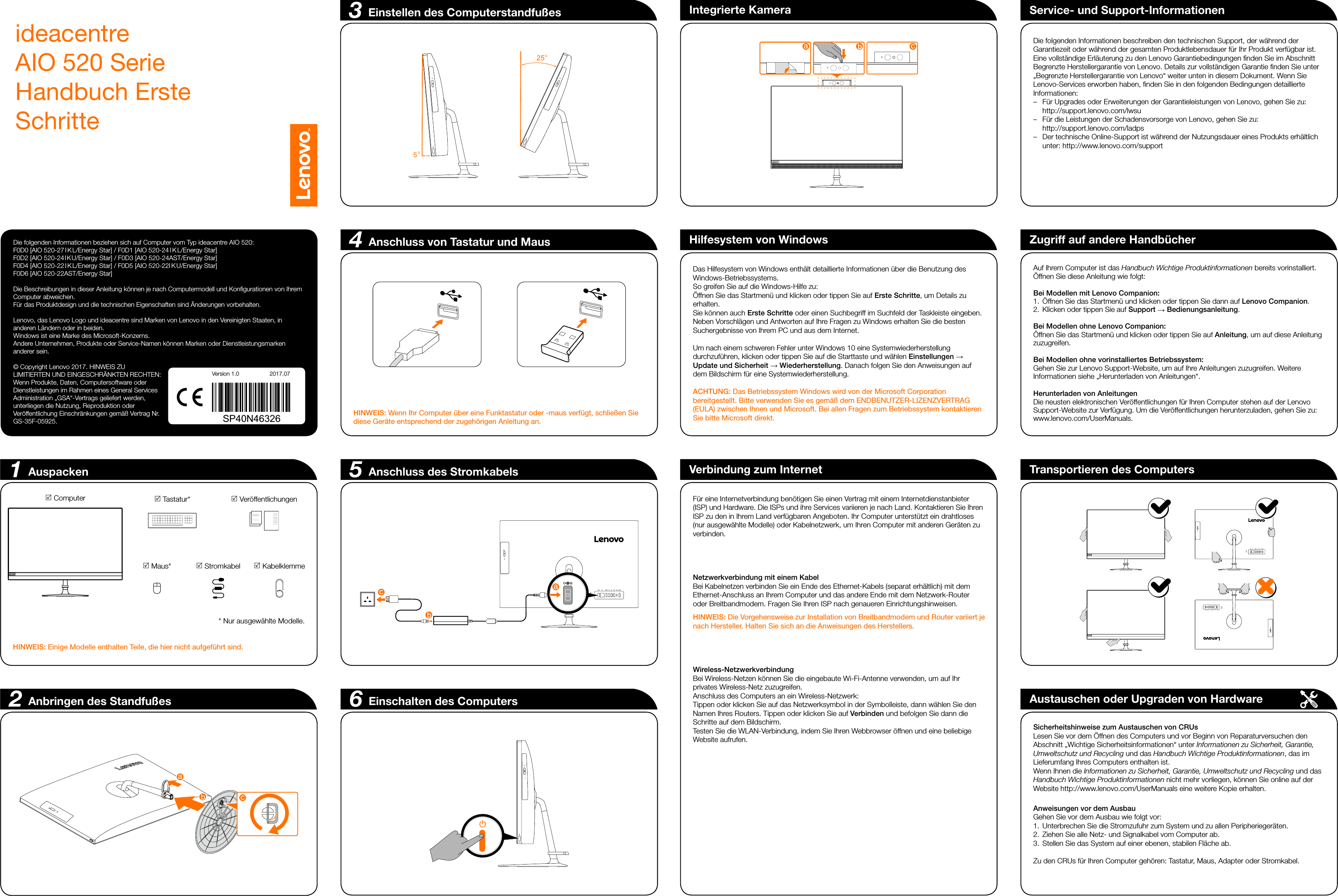 Page 1 of 2 - Lenovo Aio 520 Qsg V1.0 Win10 Gr Online 20170804 User Manual (German) Ideacentre Series Quick Start Guide 520-22IKL Desktop (ideacentre)