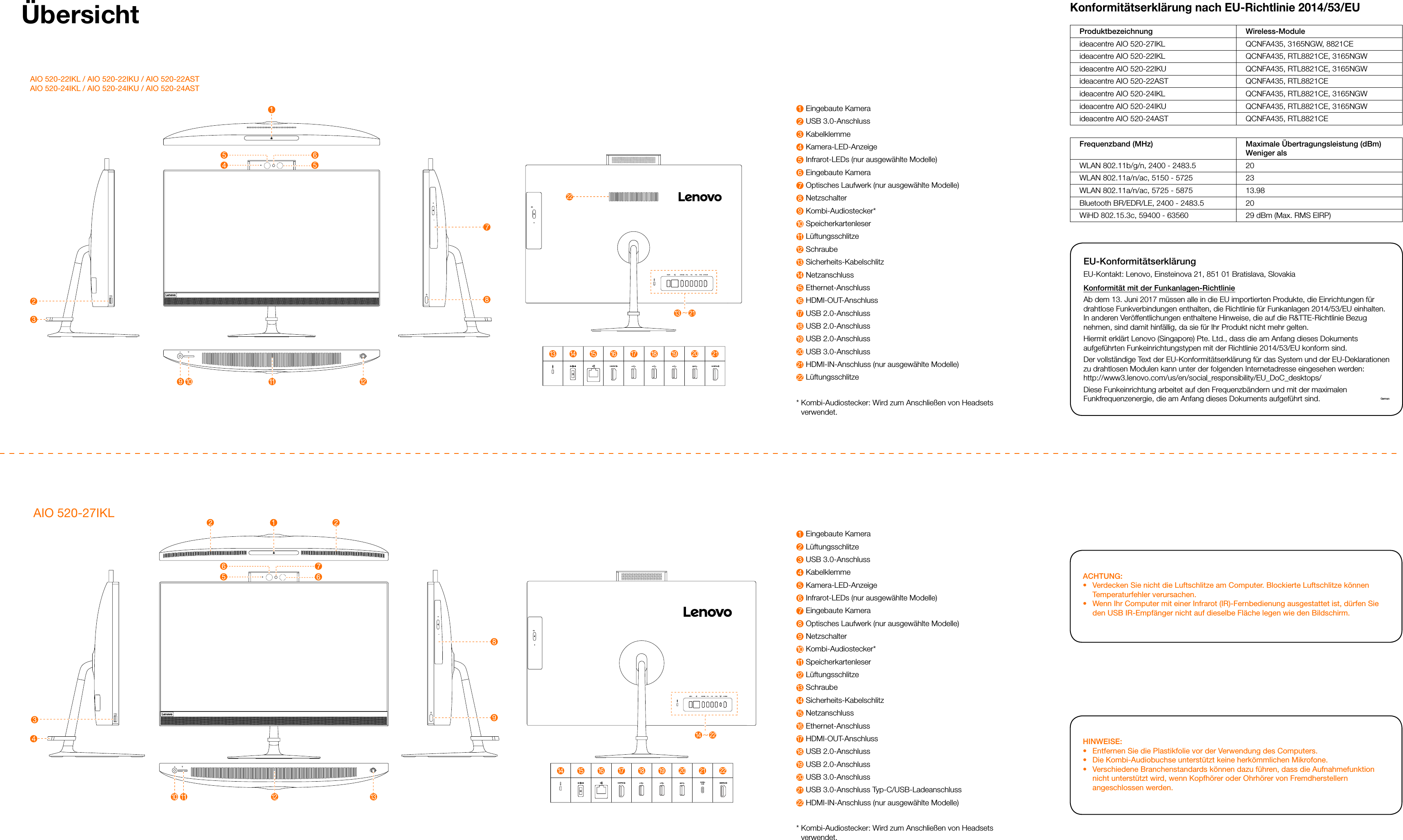 Page 2 of 2 - Lenovo Aio 520 Qsg V1.0 Win10 Gr Online 20170804 User Manual (German) Ideacentre Series Quick Start Guide 520-22IKL Desktop (ideacentre)