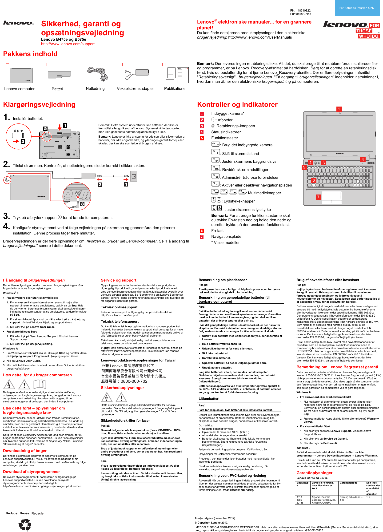 Page 1 of 2 - Lenovo B475E B575E Swsg Da 148510822 User Manual Safety, Warranty And Setup Guide - (for S Manufactured Before January 11, 2013) Laptop (Lenovo) Type 3685