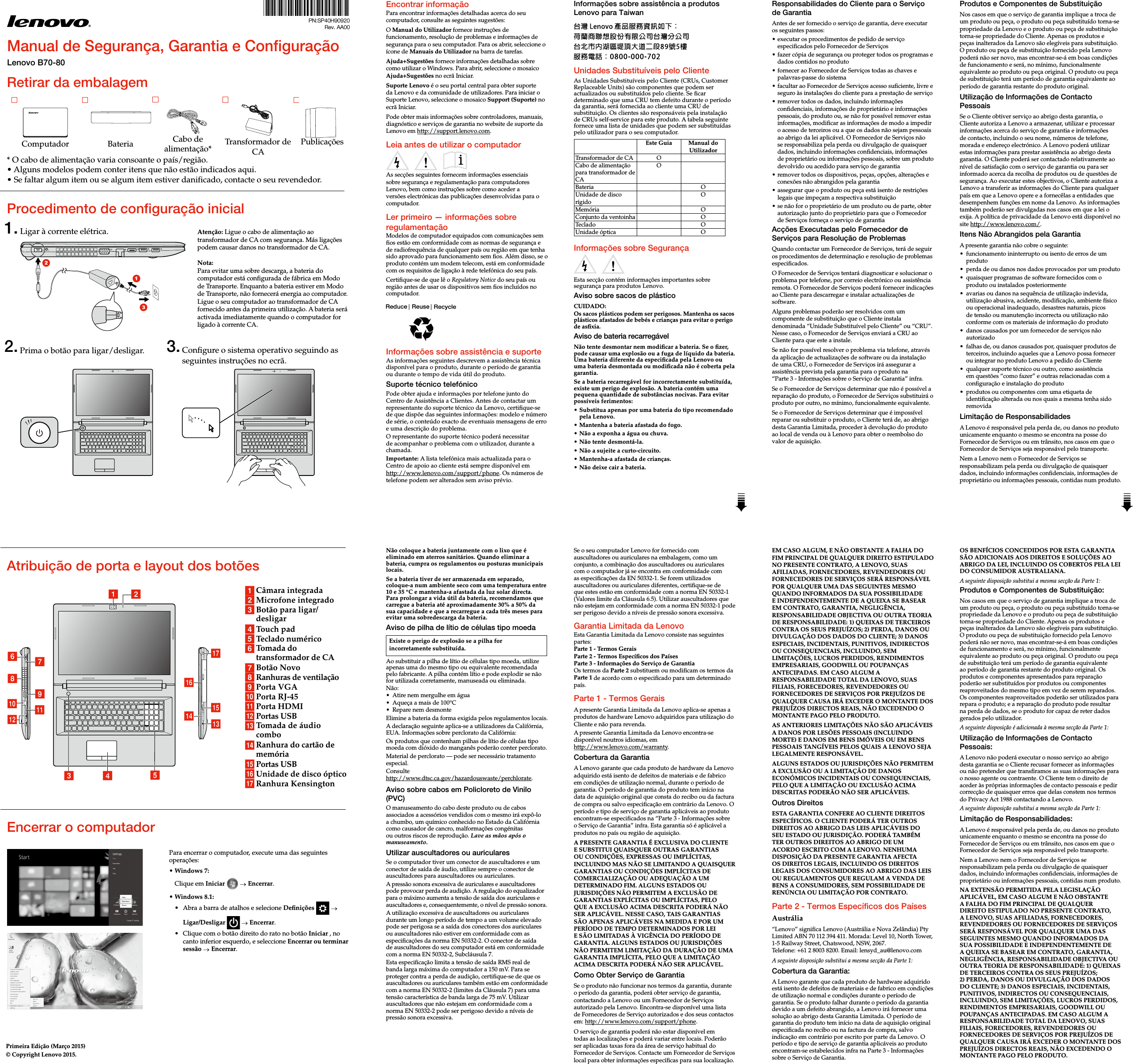 Lenovo 0 80 Swsg Po Sp40h909 User Manual Portuguese Safety Warranty And Setup Guide Laptop Lenovo Type 80mr