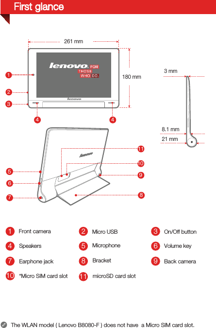 510Micro USB2637894111On/Off buttonSpeakers Microphone Volume keyEarphone jack Bracket Back cameramicroSD card slot*Micro SIM card slot  The WLAN model ( Lenovo B8080-F ) does not have  a Micro SIM card slot.3 261 mm    180 mm3 mm1234 48.1 mm21 mm5678  91011First glanceFront camera