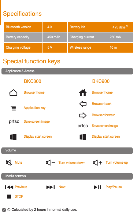 Special function keysApplication &amp; AccessBluetooth version   Battery capacity              Charging voltageBattery lifeCharging current           Wireless range 4.0450 mAh5 VBKC800 BKC900Mute Turn volume down Turn volume upDisplay start screenSave screen imageSave screen imageBrowser homeBrowser homeBrowser backBrowser forwardVolume Play/PauseNextPreviousSTOPMedia controls Display start screenApplication keyCalculated by 2 hours in normal daily use. prtscprtsc250 mA10 m75 days