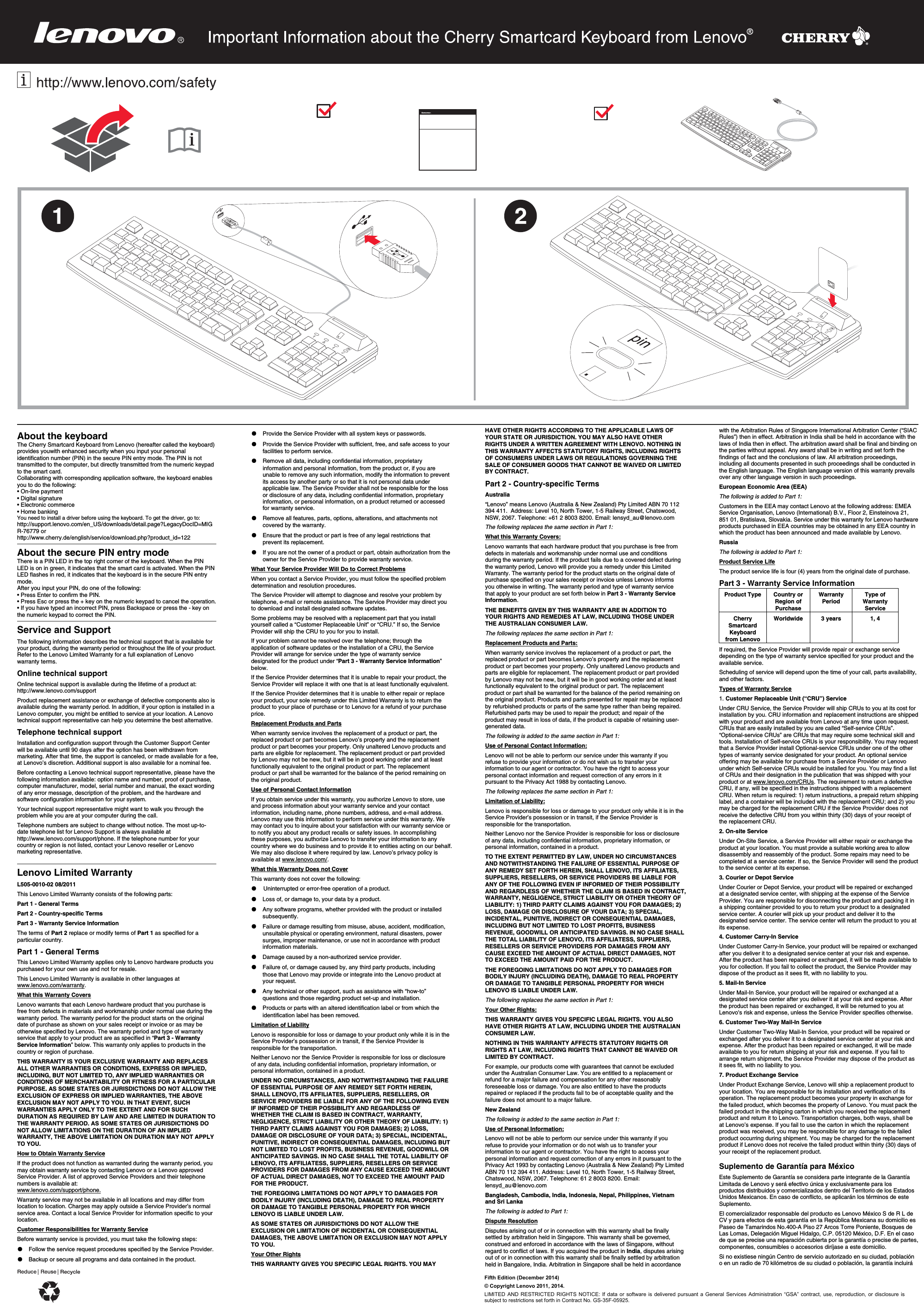 Page 1 of 2 - Lenovo Cherry Smartcard Kb W 0A33638 Important Information About The Keyboard From User Manual X131e Laptop (Think Pad) - Type 3368