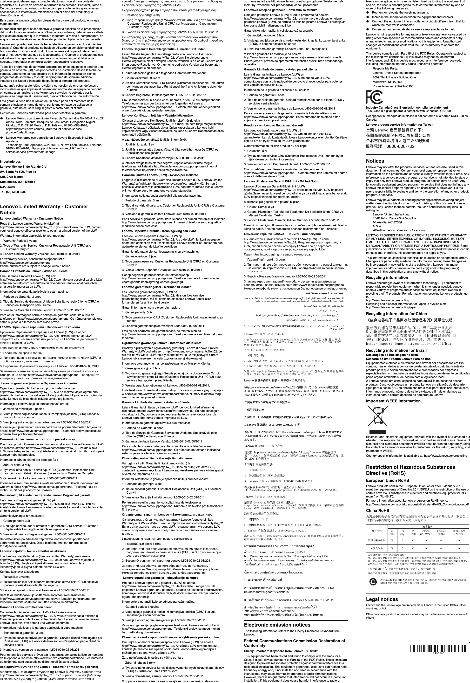 Page 2 of 2 - Lenovo Cherry Smartcard Kb W 0A33638 Important Information About The Keyboard From User Manual X131e Laptop (Think Pad) - Type 3368