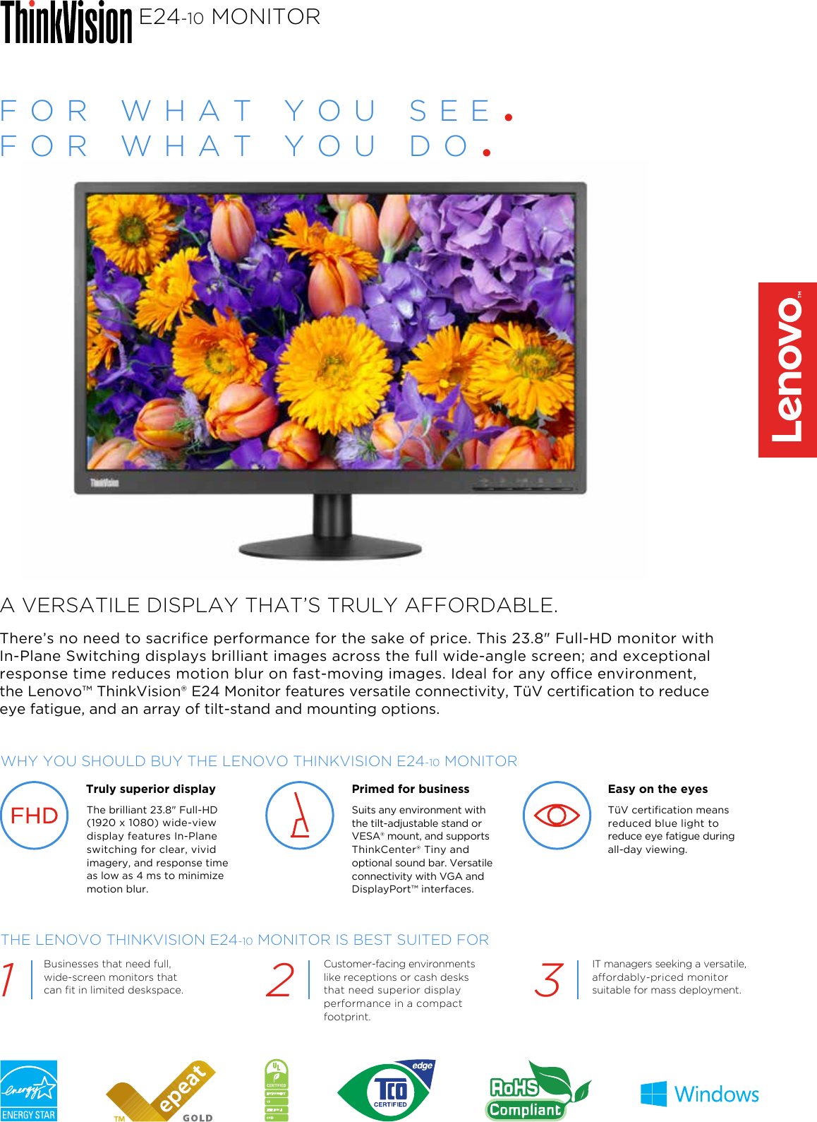 Page 1 of 2 - Lenovo E24 10 Overview ThinkVision E24-10 Monitor User Manual Think Vision 23.8” Wide FHD In Plane Switching - Type 61B7