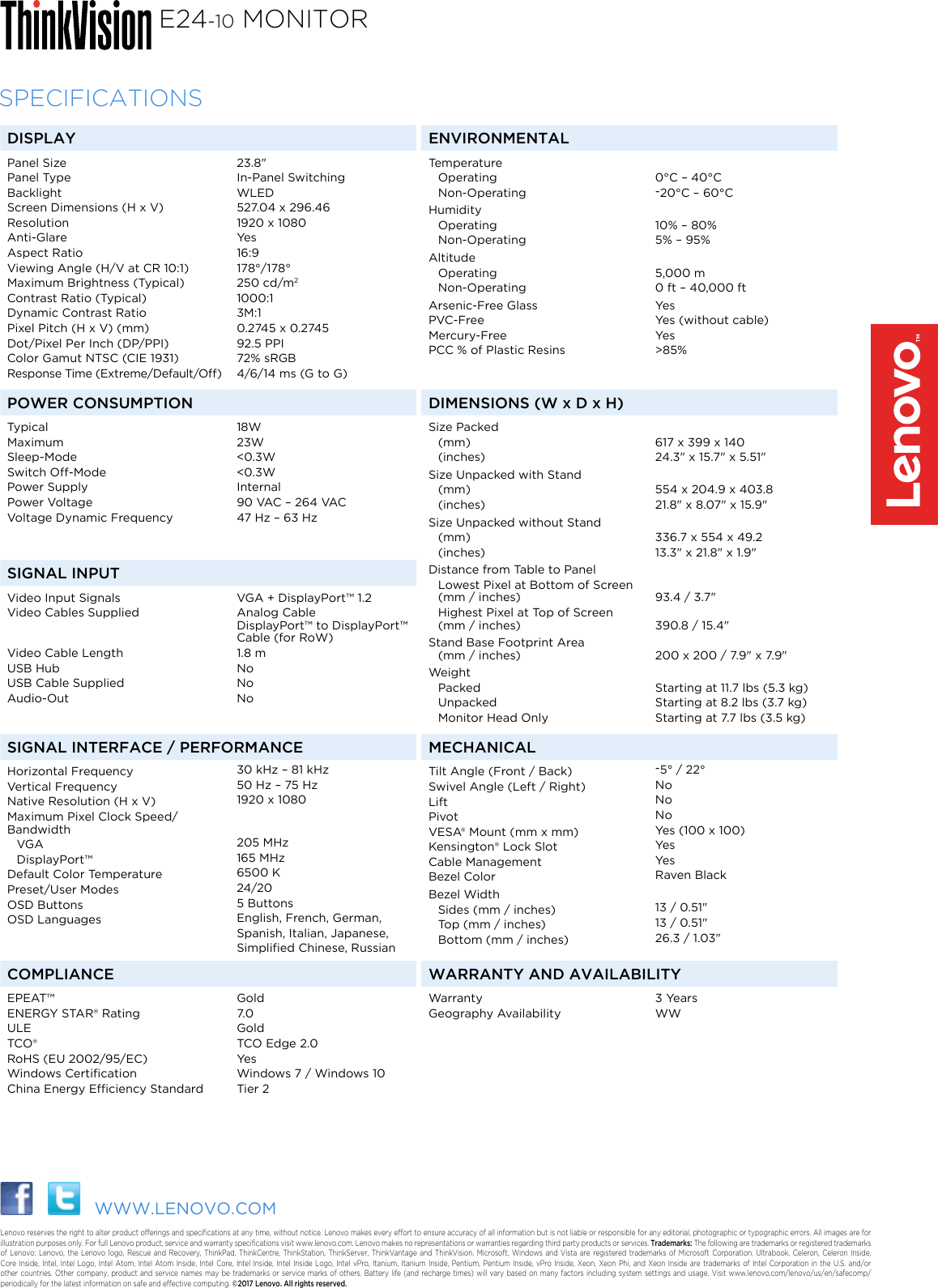 Page 2 of 2 - Lenovo E24 10 Overview ThinkVision E24-10 Monitor User Manual Think Vision 23.8” Wide FHD In Plane Switching - Type 61B7