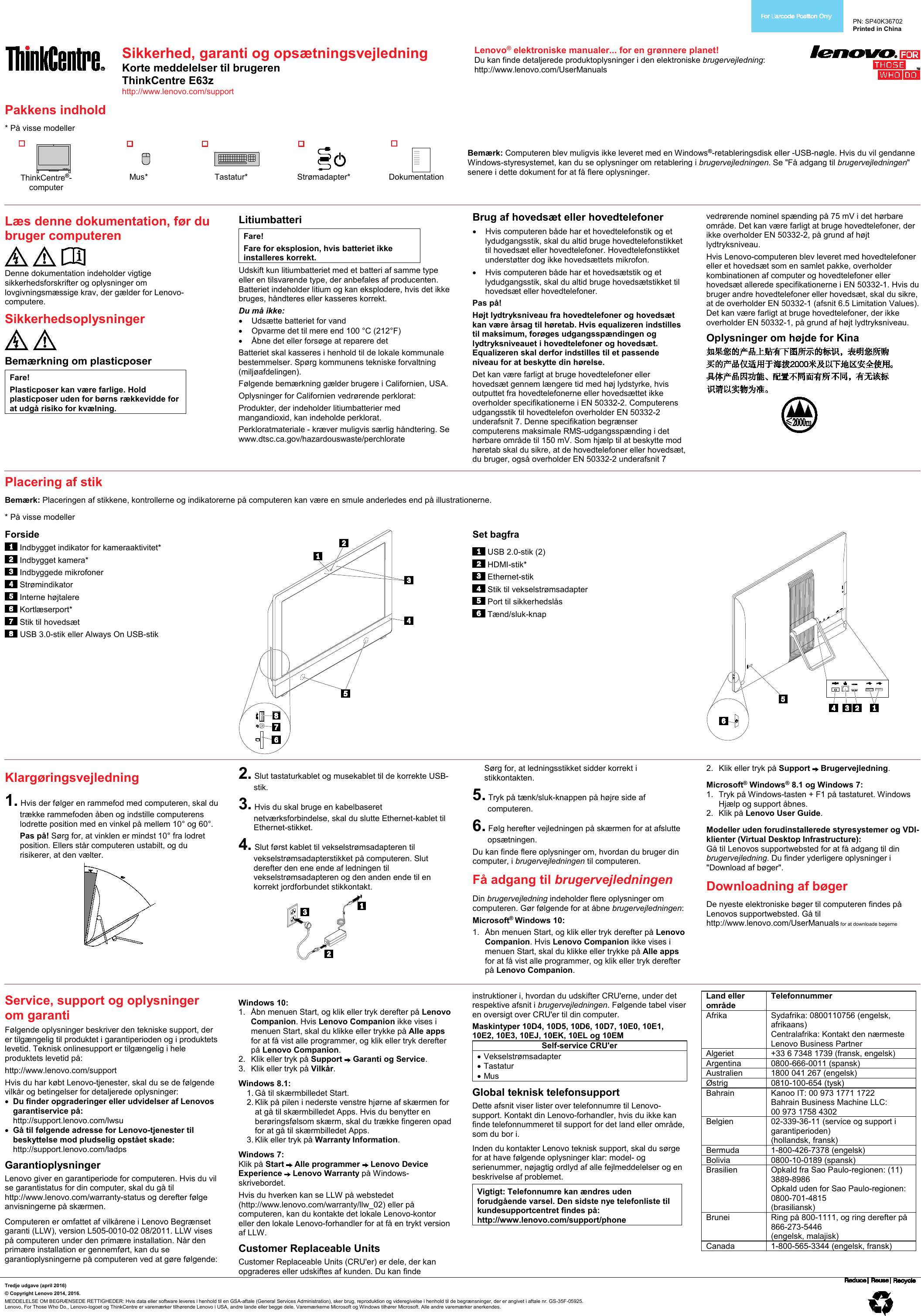 Page 1 of 8 - Lenovo E63Z Swsg Dk Fi No Sv User Manual (Swedish) Safety, Warranty And Setup Guide All-in-One (Think Centre) - Type 10E2